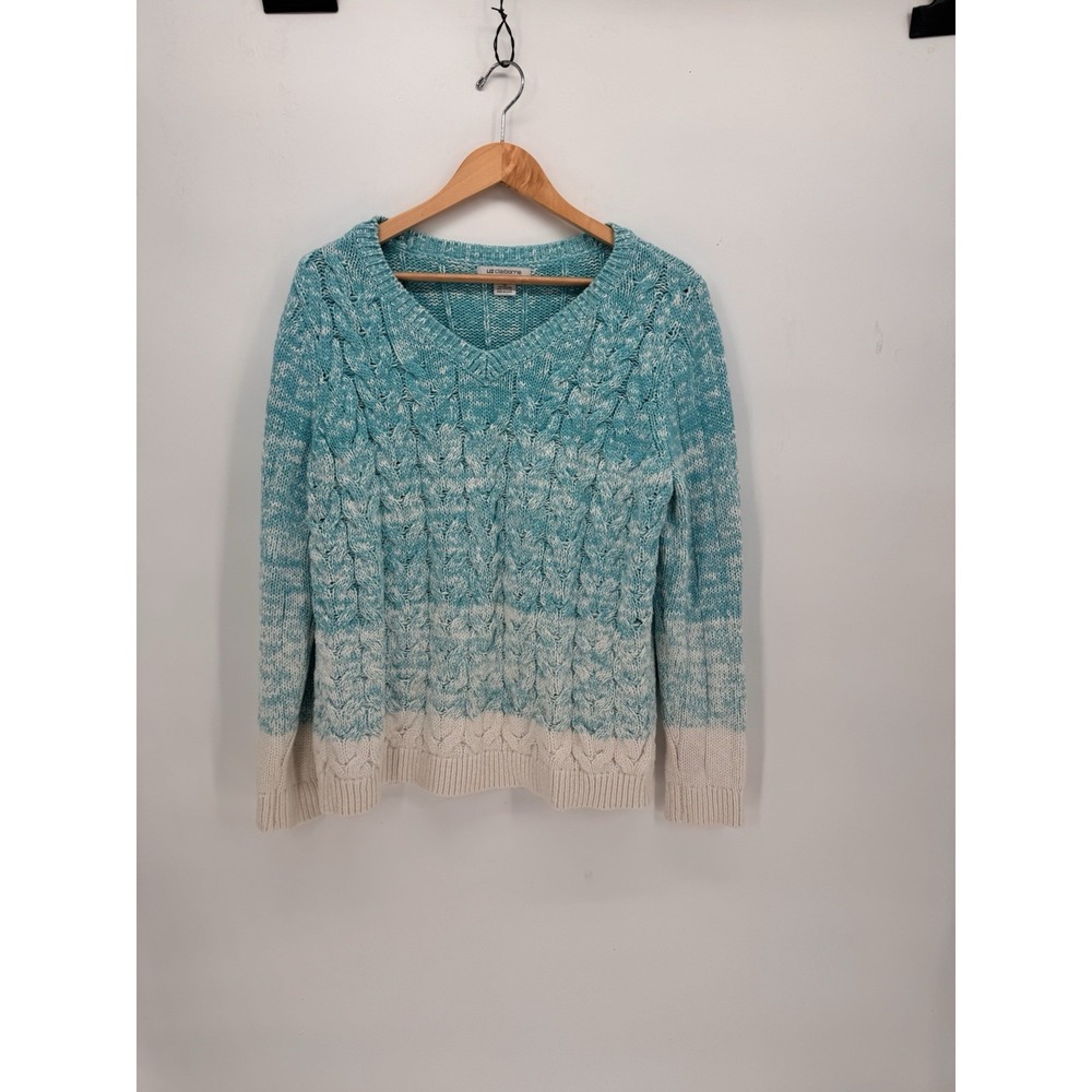 Liz Claiborne Sweater Size 1x Blue & White Pullover V-Neck Long Sleeve Cable Nit